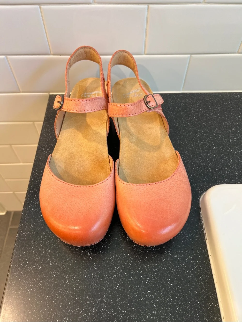 Dansko Women's Coral Pink Leather Mary Jane Wedge Sandals size 41